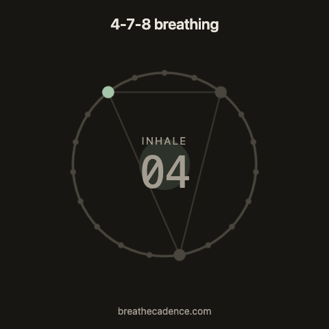 4-7-8 breathing: one 19-second cycle, inhale 4 seconds, hold 7, exhale 8