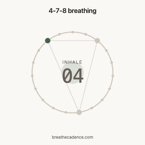 4-7-8 breathing: one 19-second cycle, inhale 4 seconds, hold 7, exhale 8