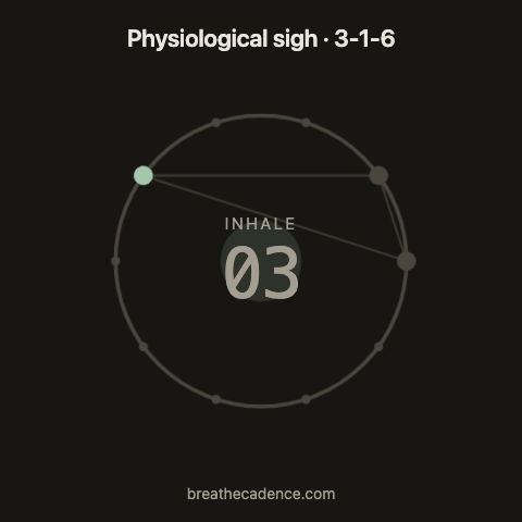 Physiological sigh: one 10-second cycle, inhale 3 seconds, inhale again 1, exhale 6